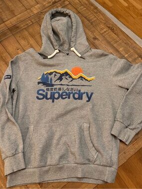 Superdry Grey Hoodie with Blue Logo and Orange Sun Graphic